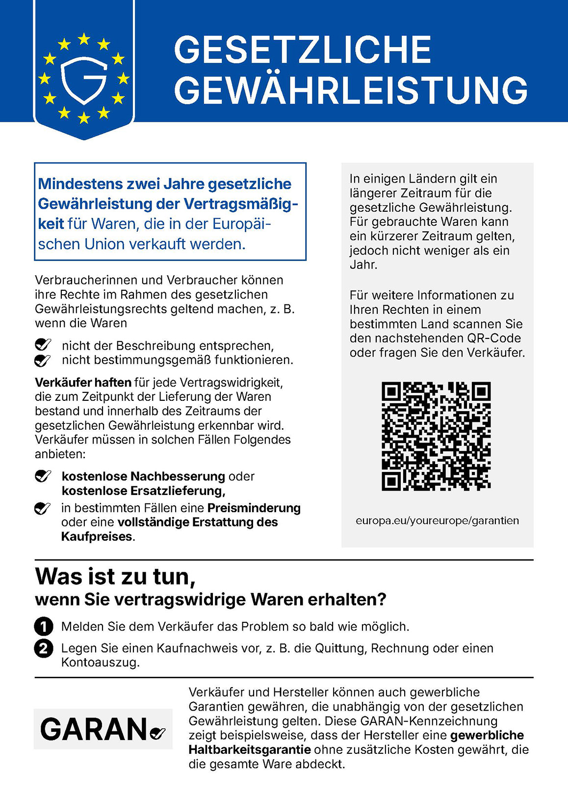 EU-Gewährleistungslabel: gesetzliche 2-Jahres-Gewährleistung beim Warenkauf